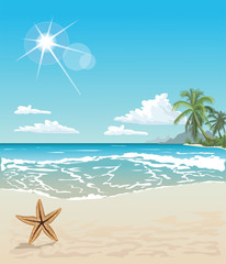 Fototapeta na wymiar Tropical beach with a starfish on sand, sea view and sand with much copy spase