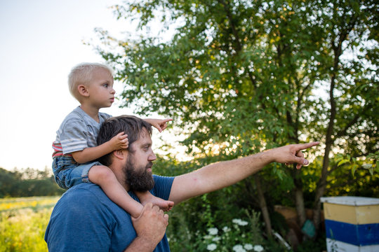 Father carrying son on shoulders, pointing 