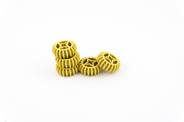 Identical plastic gears. Isolated plastic gears on a white background.