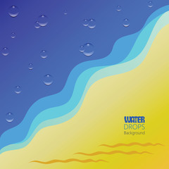 Sea waves, drops of water and yellow sand. Abstract background. Poster design, poster with a symbolic image of sea and sand.