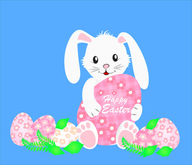 Cute white rabbit and colorful Easter eggs. Vector illustration.