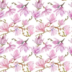 Watercolor branches of magnolia,seamless pattern