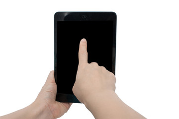 Woman hand holding tablet isolated on white background.