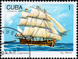 UKRAINE - CIRCA 2017: A postage stamp printed in Cuba shows sailing ship El Fenix, from the series...