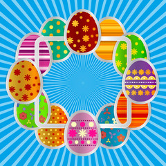 Spring greeting background with Easter eggs. Festive paper images of eggs on a square light frame. Light blue rays on a blue background. Greetings card with the Happy Easter!