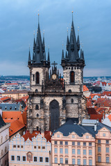 View from above on traditional Christmas market at Old Town Square illuminated and decorated for holidays in Prague - capital of Czech Republic