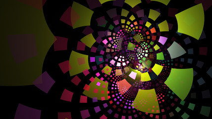 Fractal tiles in neon colors curving out in layers, an abstract background