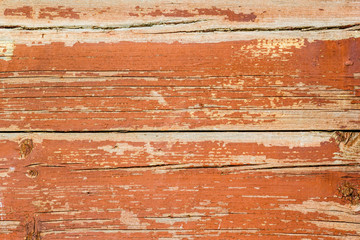 Rustic vintage wooden wall with faded red paint. Background, texture.