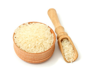 rice on wood plate isolated on white background