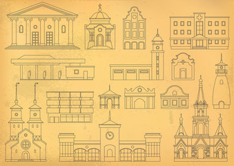 Vector set of thin line city buildings to create and generate a tourist map. Different houses on beige paper background. Stylization for the old drawing.