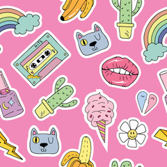 Seamless pattern with cartoon patch badges with lips,heart,cat,eyes,zipper,nail and etc.For t-shirt or other uses.Retro style 80s-90s.Stock vector