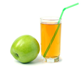 Green apple with juice isolated on white background