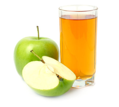 Green Apple With Juice Isolated On White Background