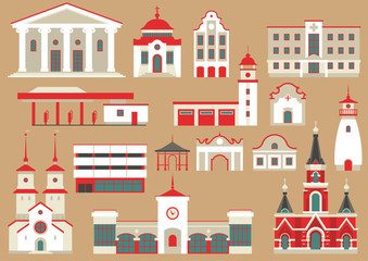 Vector set of flat city buildings to create and generate tourist map. Red and white different public and residential houses on beige background.