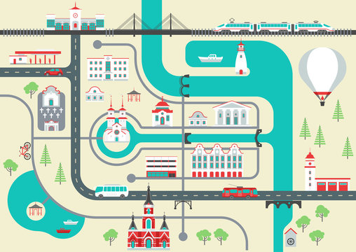 Vector scheme of a nonexistent flat town with various buildings, bridges, churches and transport. City map constructor.