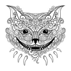 Vector Decorative Cheshire Cat. Isolated Fictitious Animal On White Background