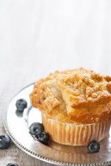 Blueberry Muffin on Silver Plate with Blueberries