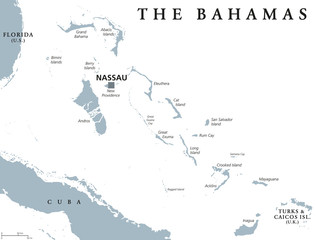 The Bahamas political map with capital Nassau. Commonwealth and archipelagic state within the Lucayan Archipelago in the Atlantic Ocean. Gray illustration on white background. English labeling. Vector