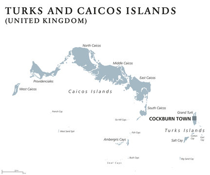 Turks And Caicos Islands political map with capital Cockburn Town. TCI, British Overseas Territory in the Lucayan Archipelago of Atlantic Ocean. Gray illustration over white. English labeling. Vector.