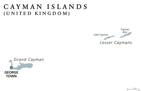 Cayman Islands political map with capital George Town. British Overseas Territory. Three islands in the western Caribbean Sea. Gray illustration isolated on white background. English labeling. Vector.