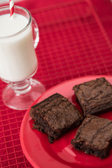 Three Brownies on a Plate with a Cup of Milk