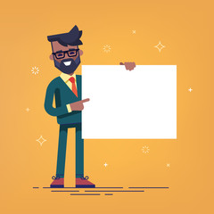 African american manager with beard in formal suit holding a blank sheet and pointing by index finger to it. Template for your text. Cartoon character. Stock vector illustration in flat design.