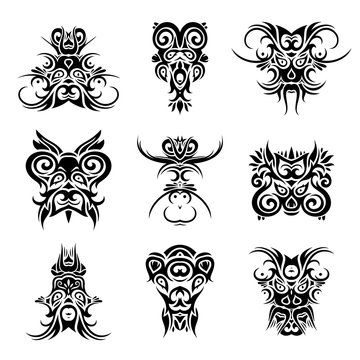 Vector Decorative Shaman Masks. Isolated Fictitious Creature On White Background. Set of Tribal Tattoo