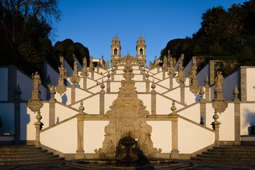 Stairway and the church Bom Jesus Do Monte in Braga, Portugal, at sunset against blue sky
