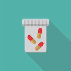 Pills flat icon with long shadow isolated on blue background. Medical devices in flat style, vector illustration.