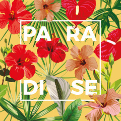 Slogan paradise flowers leaves yellow background