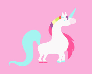 White unicorn on a pink background with a rainbow mane. Vector illustration