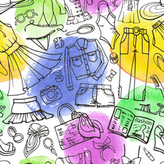 Summer fashion seamless pattern.Woman wear,watercolor stein