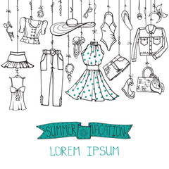 Summer fashion set.Woman linear wear hanging on rope