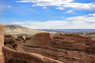 Fototapeta na wymiar Panoramic view of Denver from Red Rocks Park and Amphitheater in Denver, Colorado