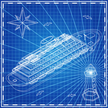 Cruise liner and a lighthouse as outlines on blue background. Isometric. Vector illustration.