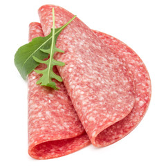 Salami smoked sausage slices isolated on white background