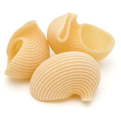 Italian lumaconi isolated on white background. Lumache, snailshell shaped pasta.