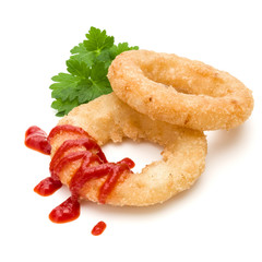 Crispy deep fried onion or Calamari ring isolated on white background