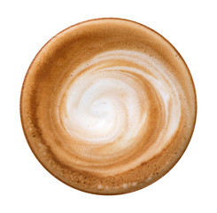 Top view of hot coffee cappuccino spiral foam isolated on white background, clipping path included