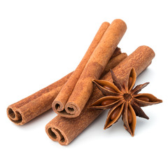 cinnamon stick and star anise spice isolated on white background closeup