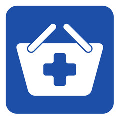 blue, white information sign, shopping basket plus