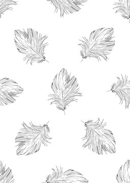 Seamless contour tropical pattern, with exotic leaves, very gentle vector drawing.