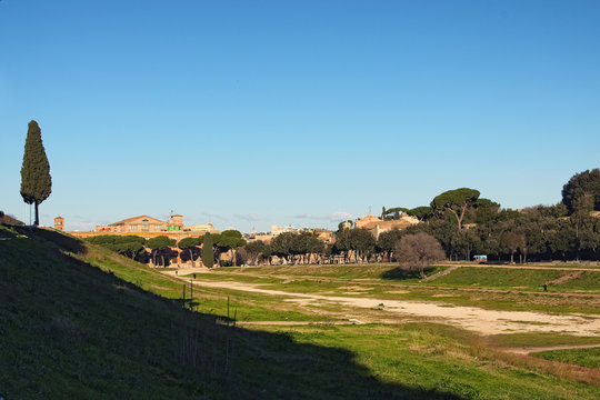 Circus Maximus (Circo Massimo) - ancient Roman chariot racing stadium and mass entertainment venue located in Rome. Situated in valley between Aventine and Palatine hills. Italy