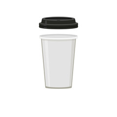 Set of white cup with black lid. For coffee, espresso, latte, cappuccino. Abstract concept. Vector illustration on white background.
