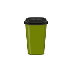 Green cup with black lid. For coffee, espresso, latte, cappuccino. Abstract concept. Vector illustration on white background.