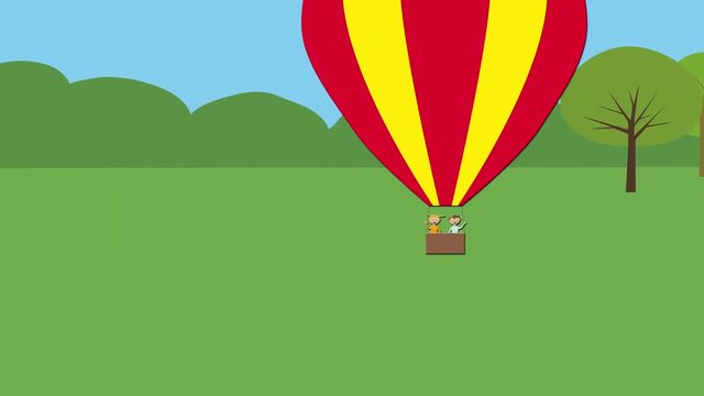 Hot air balloon with children taking off. Animated character with flat design. Concept of fun childhood, adventure and happy kids.