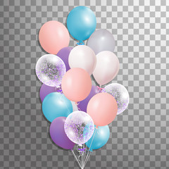 Bunches of colorful helium balloons isolated on transparent background. Frosted party balloon for event design. Party decorations for birthday, anniversary, celebration.