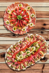 Appetizer Savory Dishes Meze Set on Knotted Pine Wood Garden Table