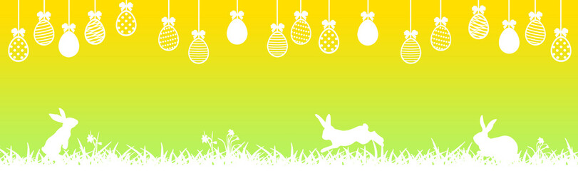 Easter banner with white easter eggs, flowers and grass on green and yellow gradient background - obrazy, fototapety, plakaty