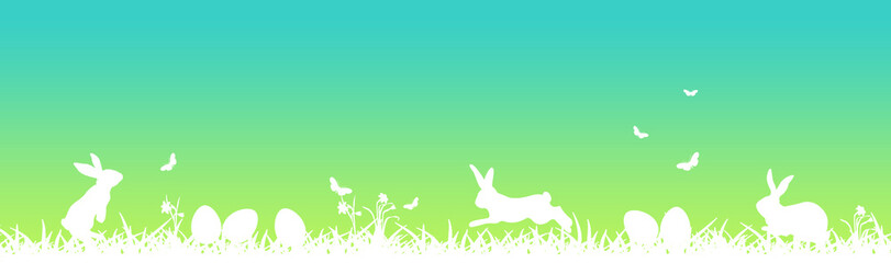 Easter banner with white easter eggs, butterflies, flowers and grass on green and blue gradient background - obrazy, fototapety, plakaty